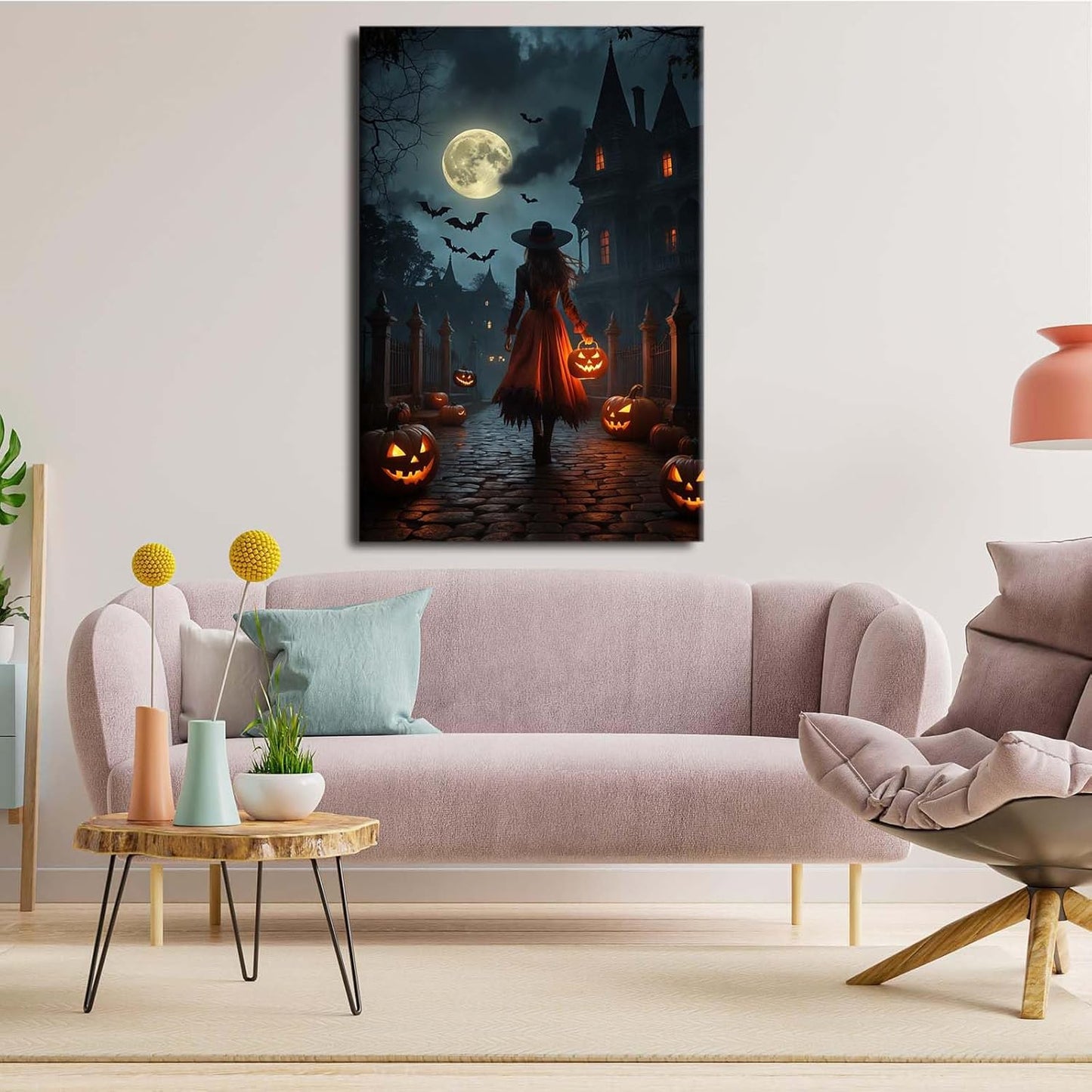 Halloween theme poster moonlit autumn night witch vintage poster art print dark college style gothic painting canvas wall decoration bedroom living room ideal gift8x12in Wood Framed