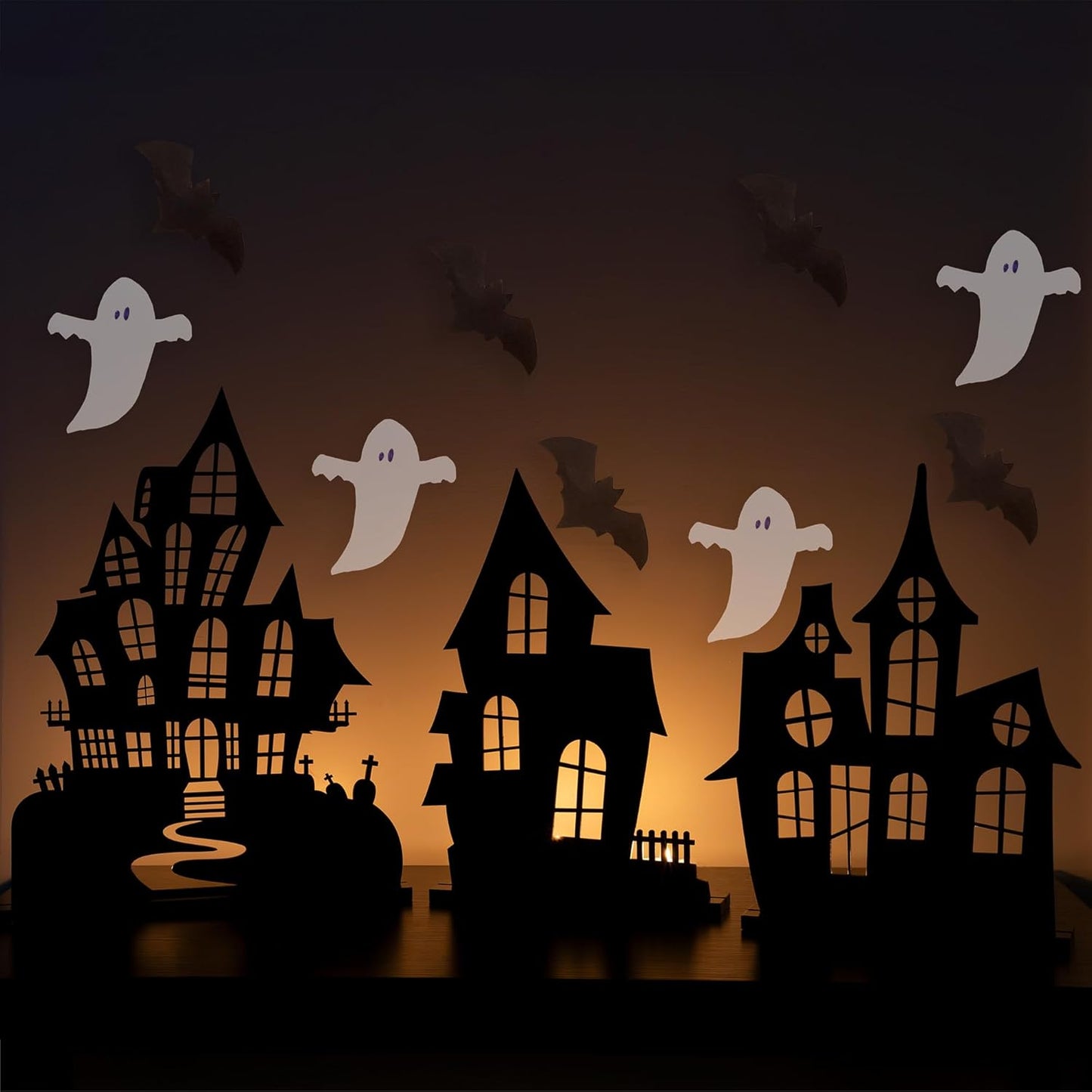 AuldHome Design Spooky Halloween House Village Silhouettes (Set of 3); Scary Haunted House Wood Statue Figurines Centerpiece Set