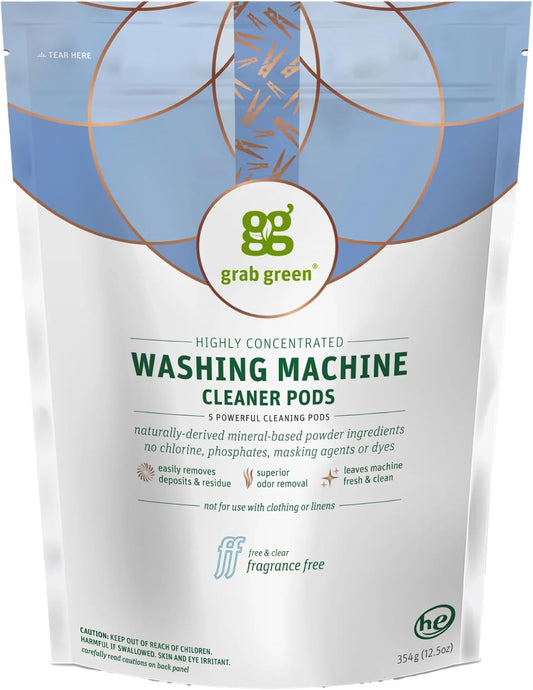 Grab Green Washing Machine Cleaner, 5 Count, Fragrance Free, Mineral Based Removes Deposits and Odors, Naturally Cleans