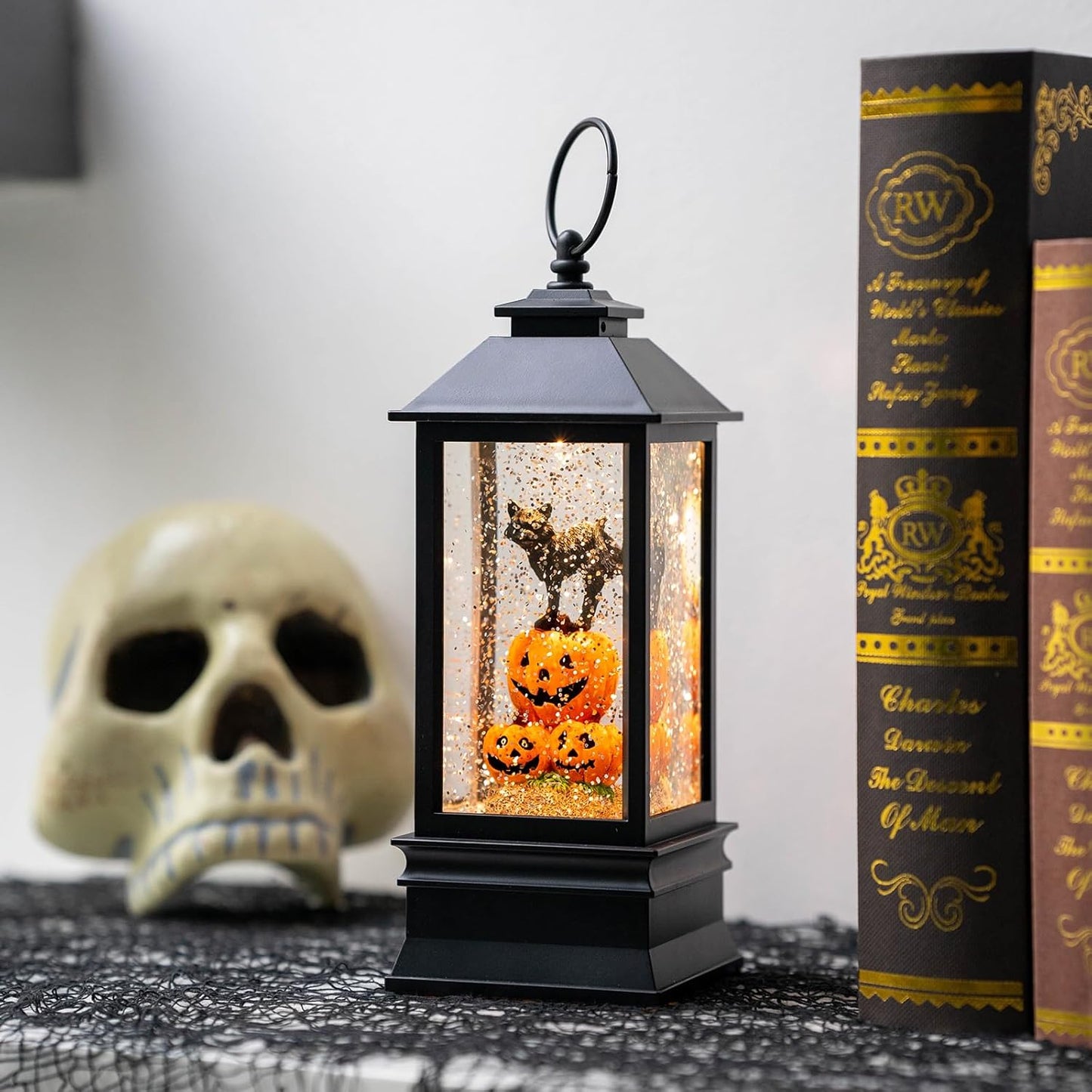 Halloween Snow Globe Lantern Water Glittering Spooky Witch' s Black Cat in Pumpkins with Music, USB Lined/Battery Operated Lighted Lantern for Halloween Festival Decoration Gifts