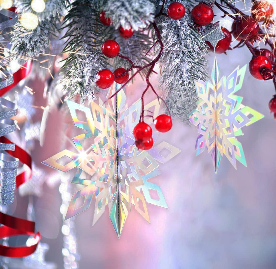 GuassLee Christmas Hanging Snowflakes Decorations Clearance 15pcs 3D Iridescent Paper Snowflakes Snow Flakes Garland for Winter Wonderland Frozen Christmas Birthday Party Decorations