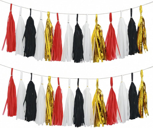 Red Black White Gold Paper Tassel, 20 Pack, Party Decorations for Birthday, Baby Shower, Sprot Game,Graduation