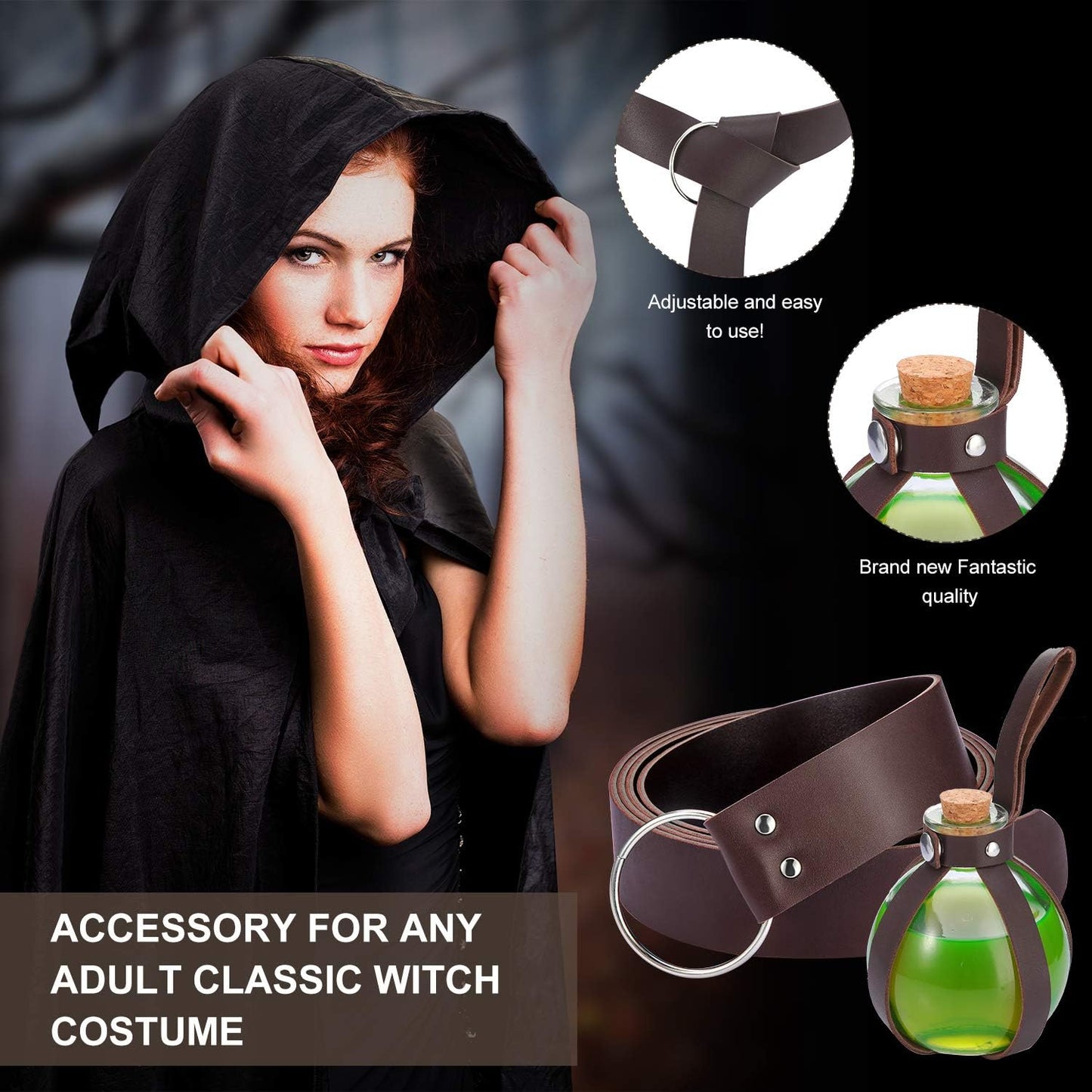 Boao Potion Bottles with Cork Set Dark Magic Cork Round Potion Bottle with Leather Belt Clear Glass Large for Halloween Costume Props DIY Crafts Decorative, 200 ml(Brown)