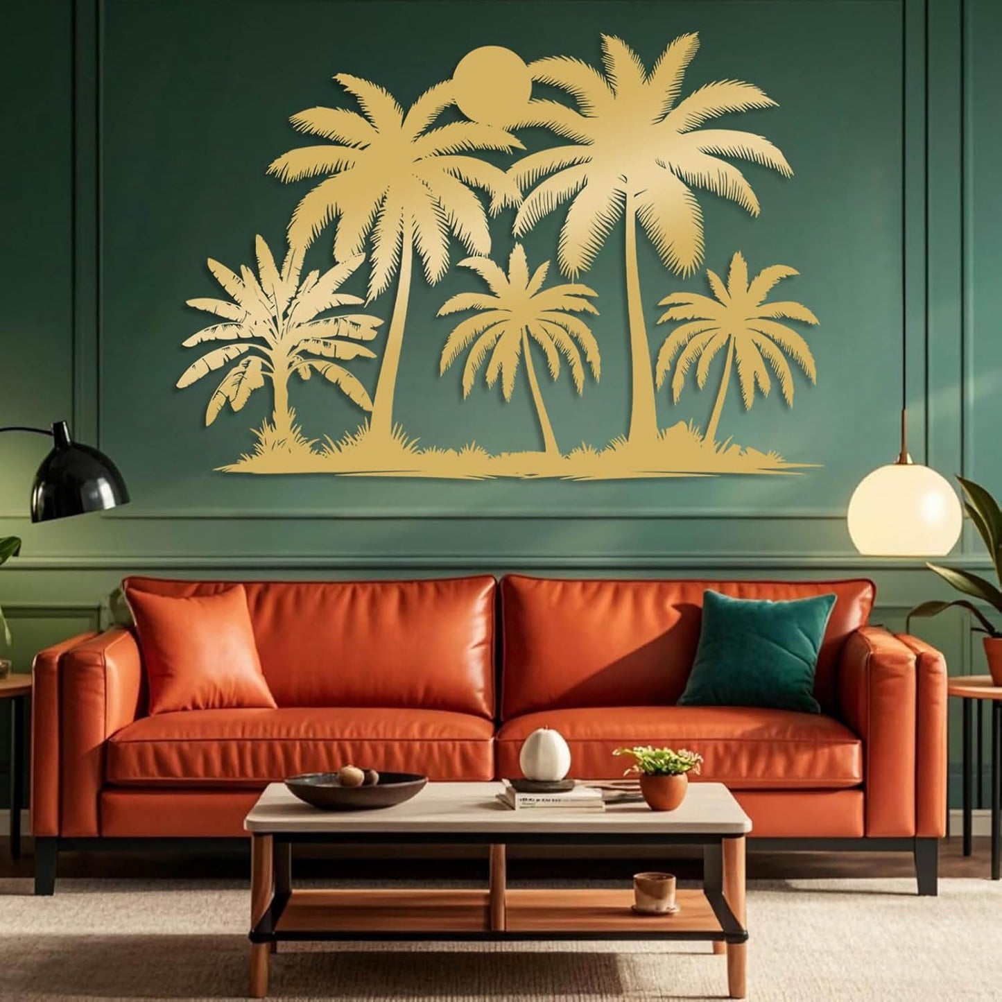 Tuglona Metal Palm Tree with Sunset Wall Decor, Tropical Palm Tree Metal Wall Art, Tropical Wall Decor, Sun Wall Art, Beach Wall Decoration, Coastal Trees Wall Hanging (Gold, 24"x16"/60x42cm)