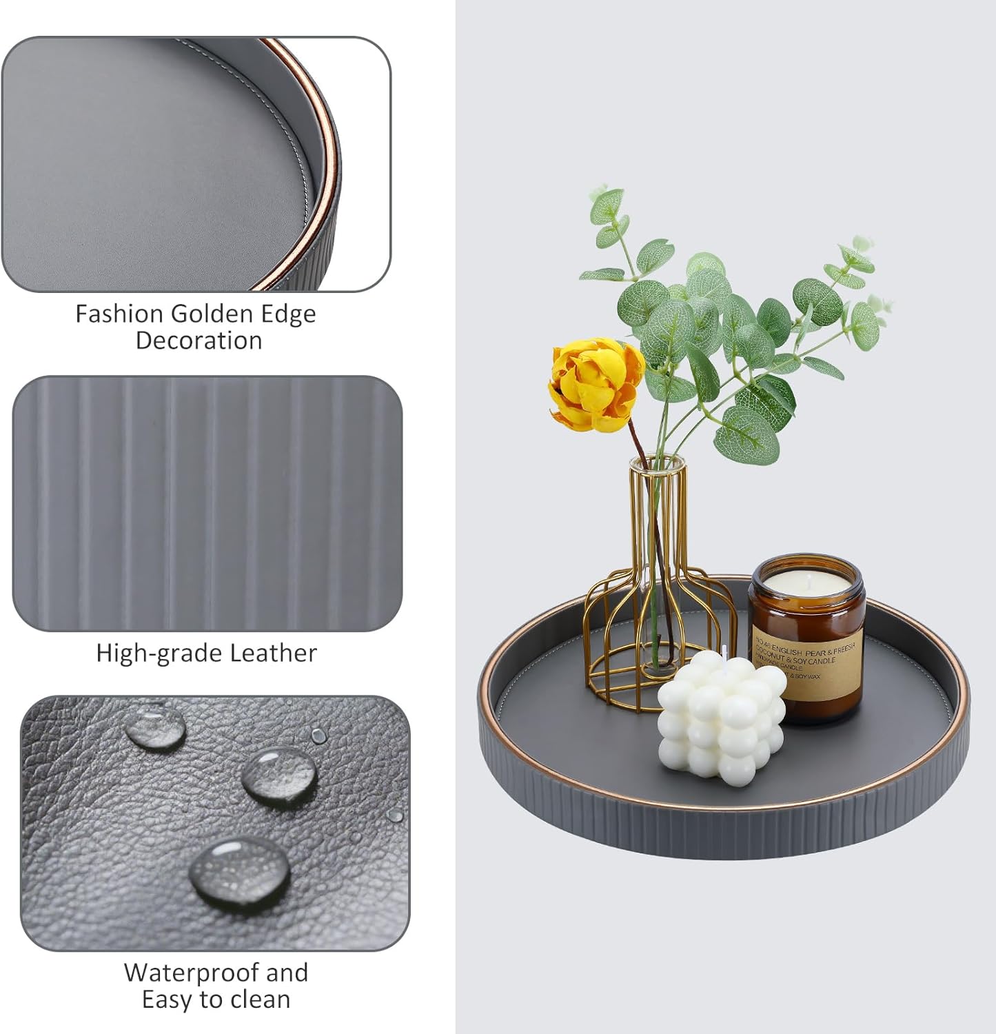 KINGFOM Decorative Serving Tray, PU Leather Valet Nightstand Desk Organizer for Men Women, Round Tray Decor for Coffee Table/Home Decor, Modern Decorative, Centerpiece (Gray)