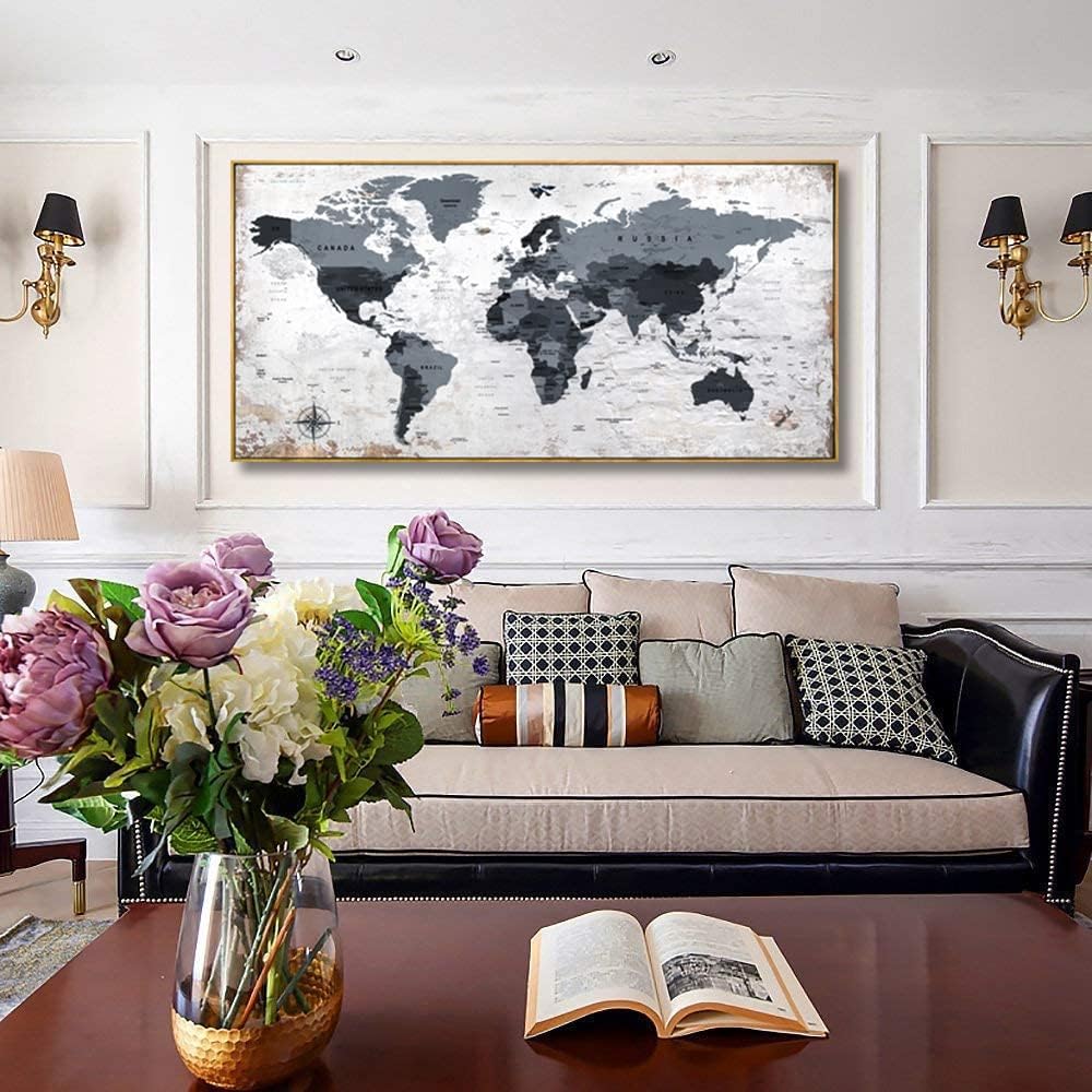 Framed wall art World Map Wall Art Canvas Picture 20inchx40inch Large Black and white Map of The World Canvas Painting Artwork Prints for Office Wall Decor Home Living Room Decorations Framed Ready to