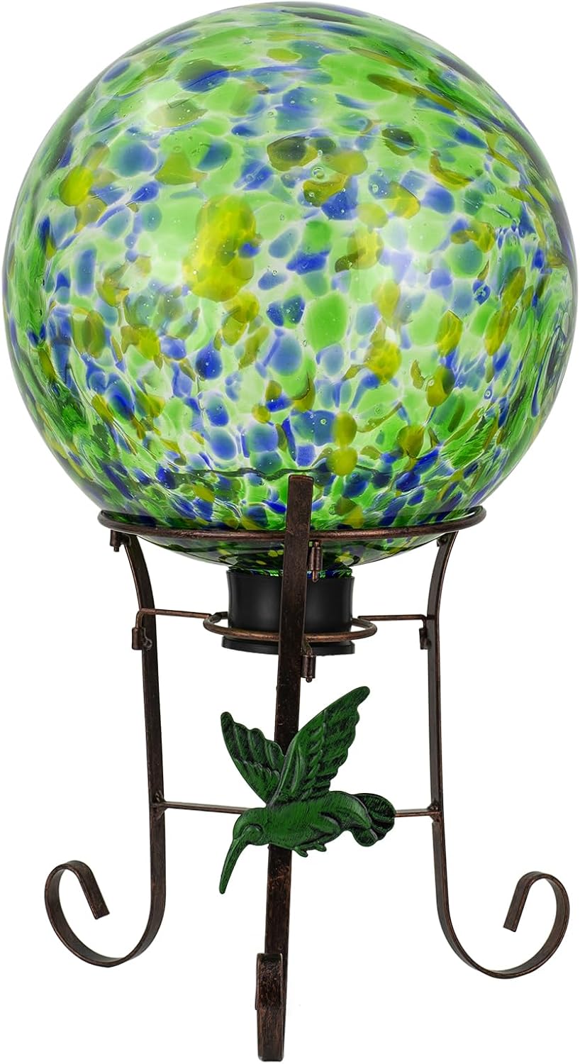 10 Inch Glass Gazing Ball, with 9.4" Tall Metal Gazing Globe Stand, Glass Balls Display Holder Set for Outdoor Garden Lawn Yard Decoration, Bright Summer Burst
