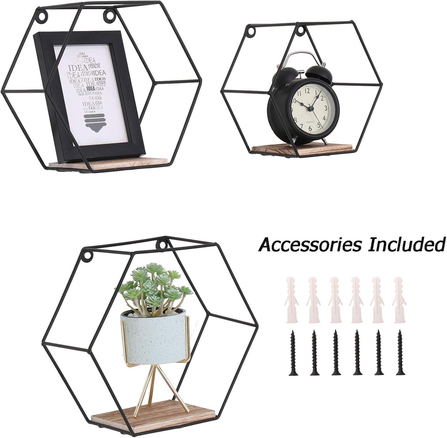 DRNCURN Hexagon Floating Shelves Wall Decor, Black Metal Wire and Wood Wall Mounted Storage Set of 3, Wall Mounted Wood Shelf for Bedroom, Living Room, Bathroom, Kitchen, Picture Ledge Shelf