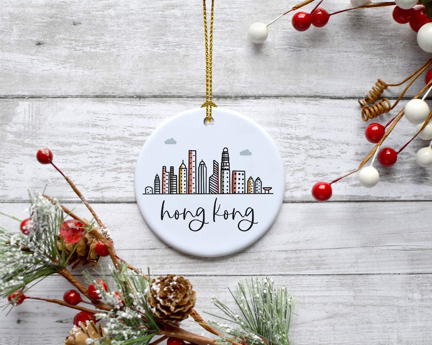 Andaz Press Round Ceramic Porcelain Christmas Tree Ornament Keepsake Gift, Hong Kong, Colorful International City Skyline Graphic, 1-Pack, Birthday Family Coworker Him Her, Gift Box