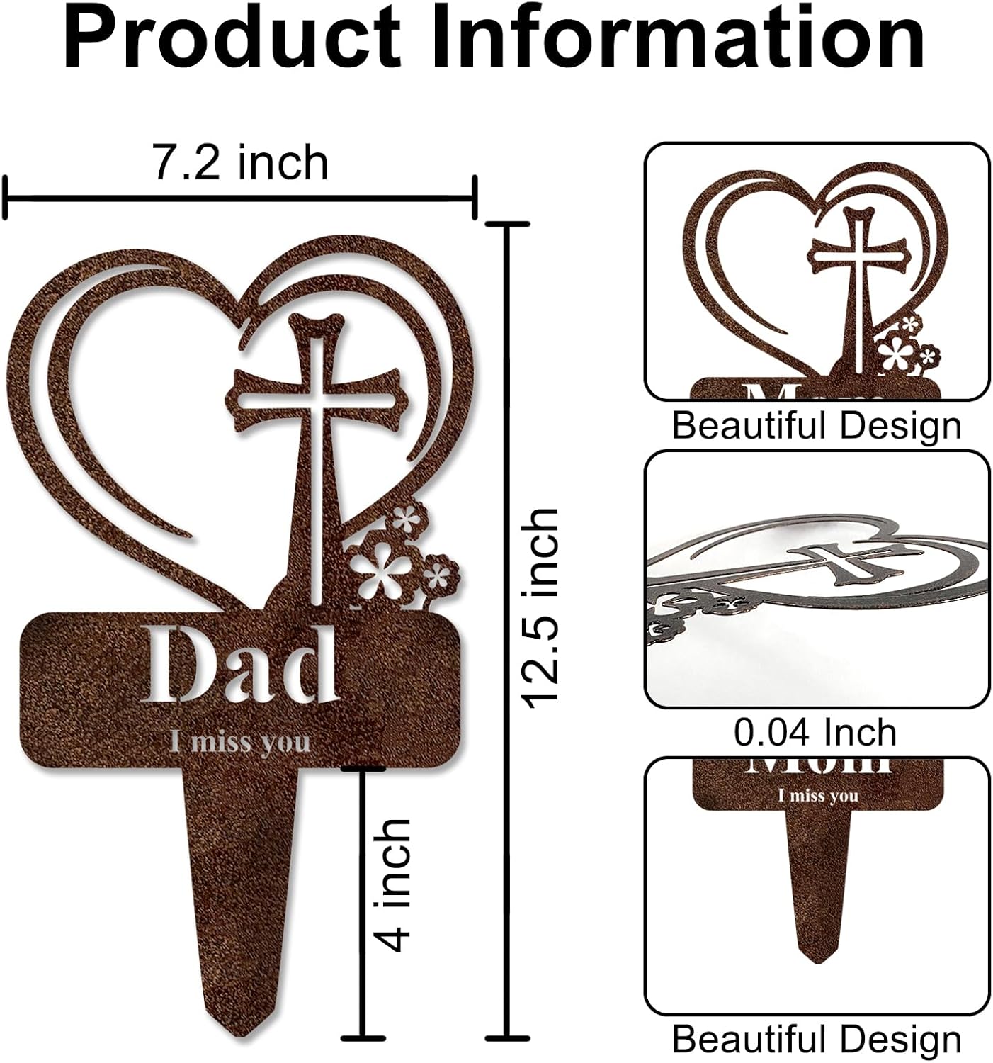 Brother Memorial Grave Stake, Cemetery Decorations for Grave Markers 12.5 x 7.2 inch Heart Metal Sympathy Stakes Graveside Plaque Decor Sign for Brother Graves, Yard, Garden - Rust-Brother