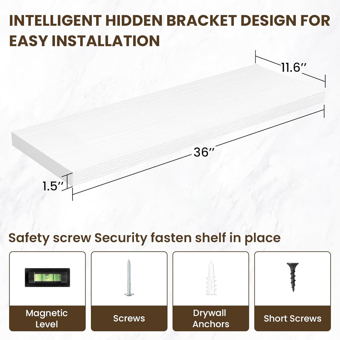 36 Inch Floating Shelves, 12 Inch Deep Floating Shelves for Wall, Floating Shelf with Invisible Brackets, Large Deep Wall Shelves for Bathroom, Bedroom, Living Room, 2 Pack, White