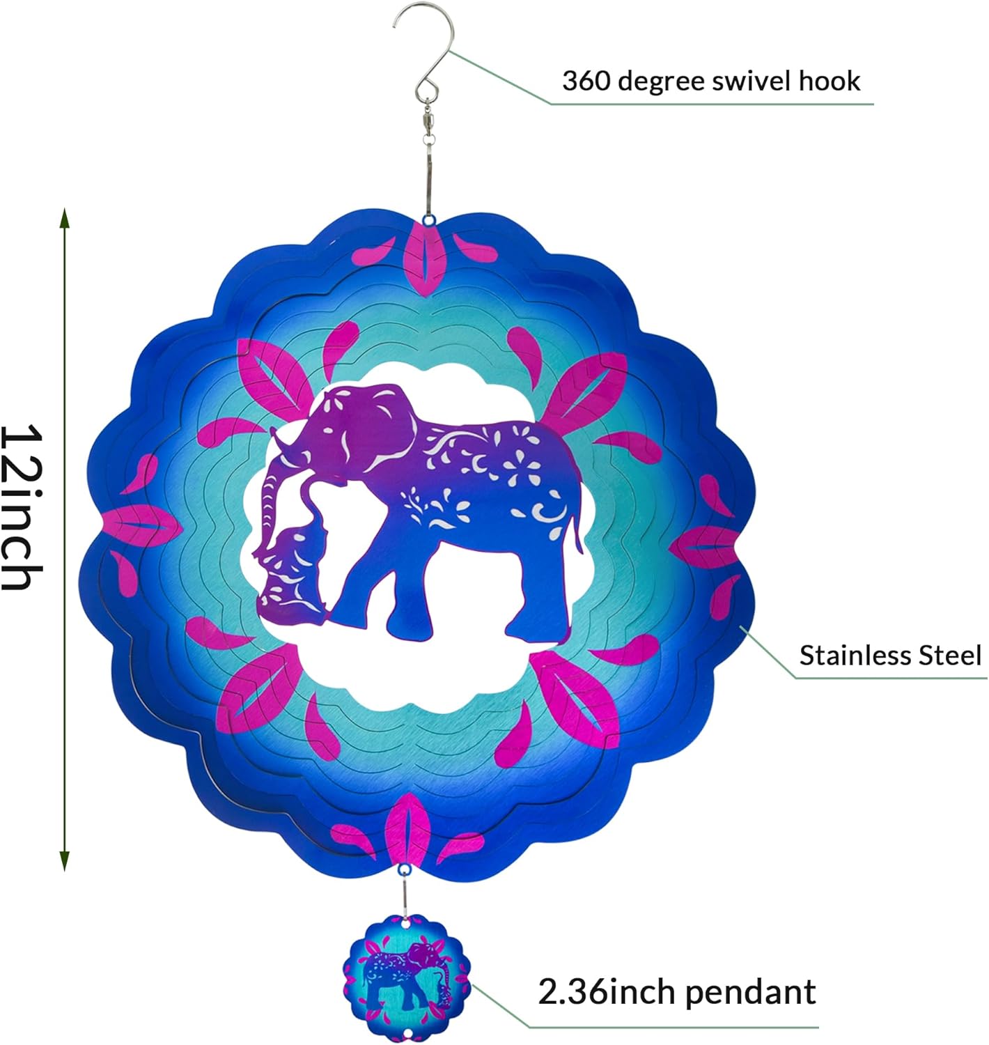 12 inch Elephant 3D Stainless Steel Wind Spinners, Hanging Garden Spinner Kinetic Art Garden Decorations, Reflective Wind Sculpture for Indoor/Outdoor Decor