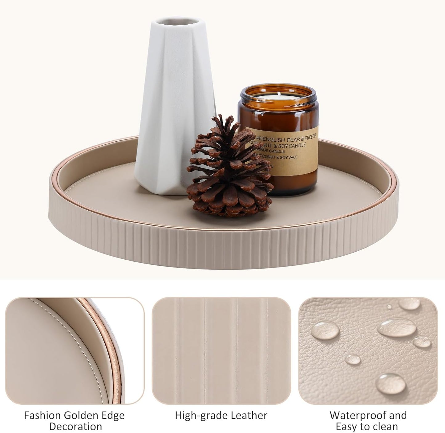 KINGFOM Decorative Serving Tray, PU Leather Valet Nightstand Desk Organizer for Men Women, Round Tray Decor for Coffee Table/Home Decor, Modern Decorative, Centerpiece (Beige)