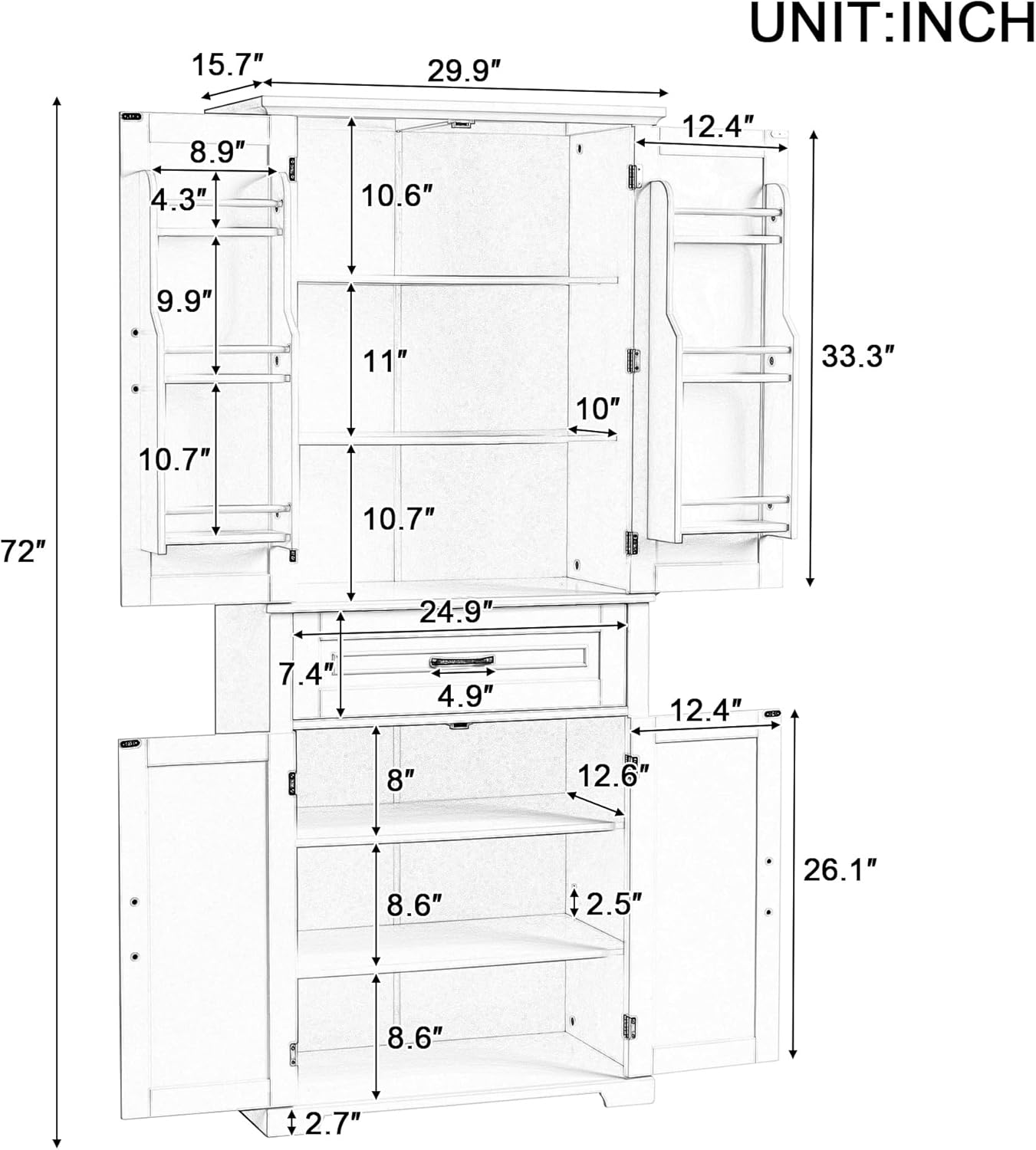 72.2" Tall Storage Cabinet with 4 Doors and Drawer, Freestanding Linen Cabinet, Wooden Pantry with Adjustable Shelf for Kitchen, Bathroom, Living Room Black