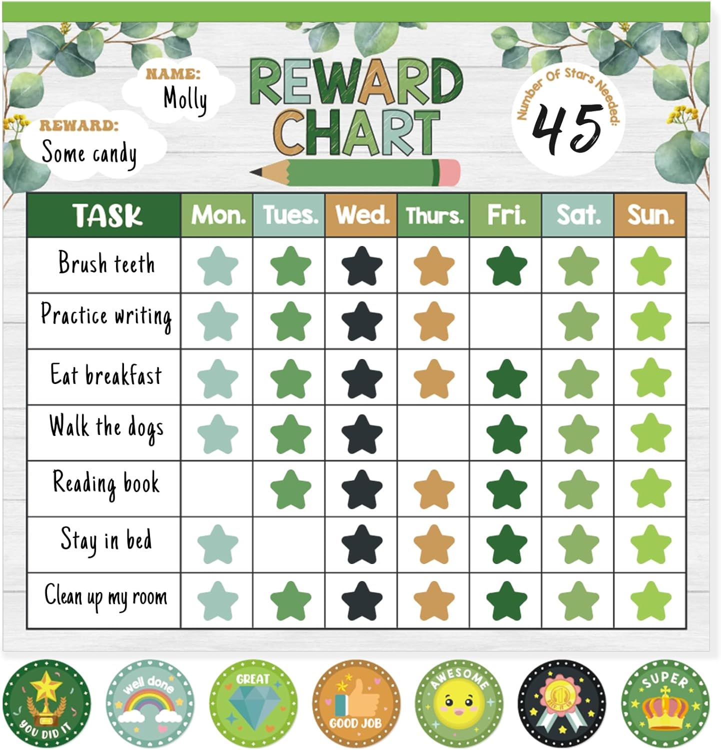 Reward Chart for Kids,Magnetic Behavior Chore Chart for Kids at Home,26 Eucalyptus Chore Charts,1960 Star Stickers,56 Reward Stickers,Incentive Chart to Develop Responsibility and Good Habits,Greenery