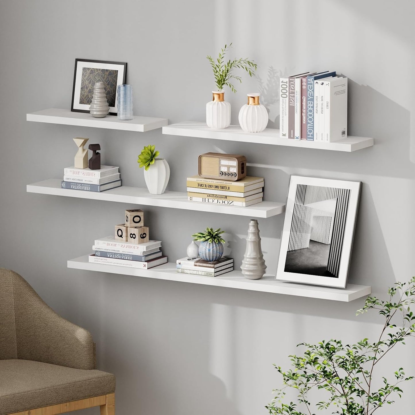 SAUMONIERES Floating Shelves 8 Inch Deep Solid Wood Wide Wall Shelf Set of 1 Wall Mounted for Bedroom Bathroom Living Room Kitchen, 55 Inch White