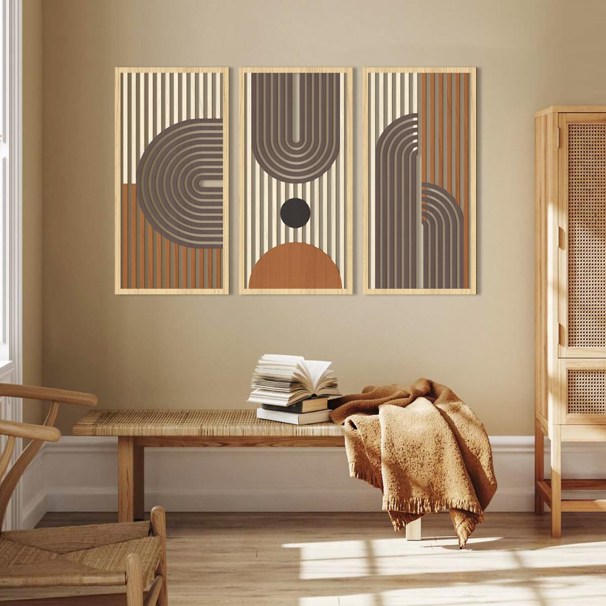 IARTTOP Mid century Modern Decor 16x32 Inch Large Boho Wood Wall Art Abstract Wooden Wall Decor Minimalist Bohemian Orange Artwork for Living Room Bedroom Office Set of 3