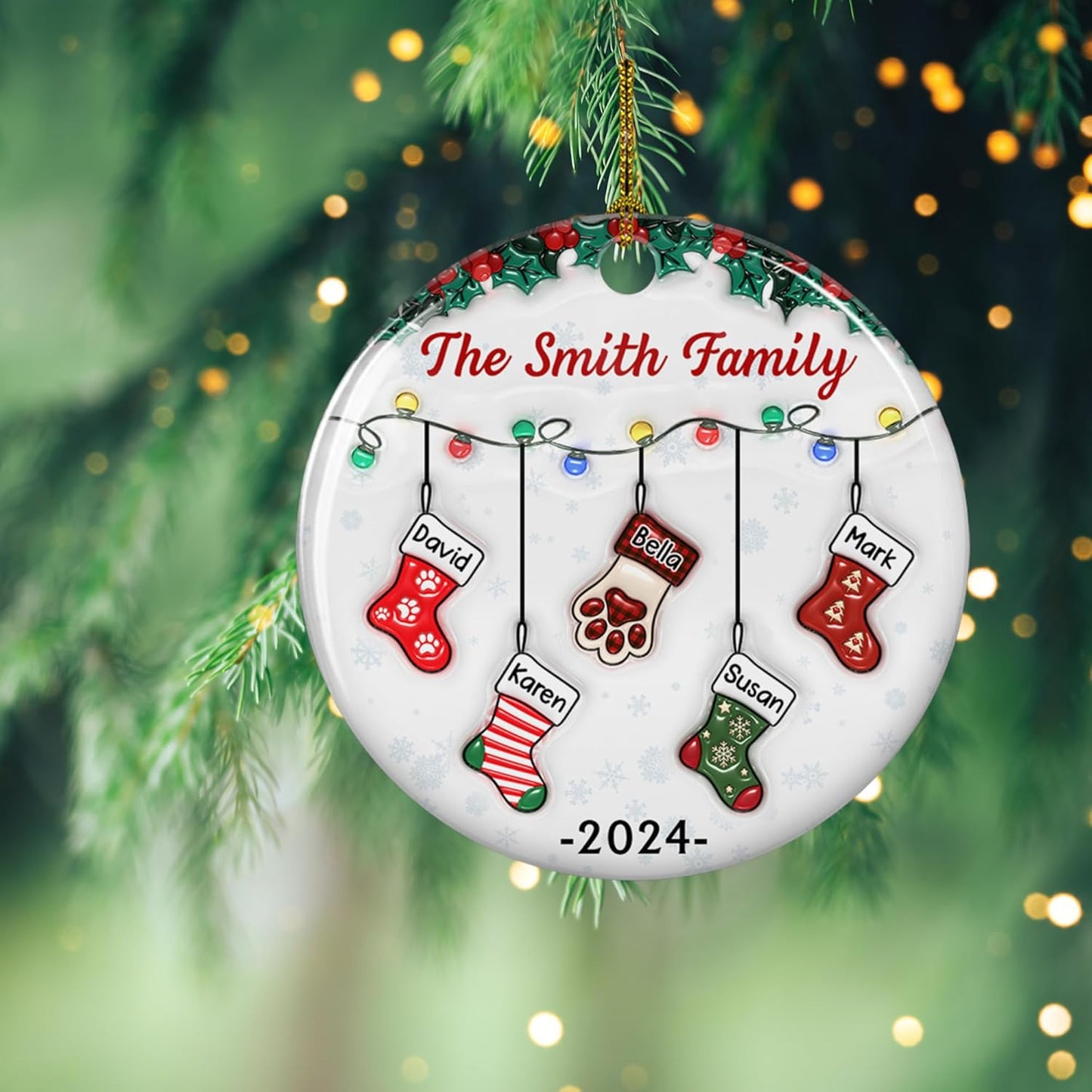 Stocking Personalized Family Christmas Ceramic Ornament 2025-3D Inflated Effect Custom Name Hanging Stock up to 10 Members, First Xmas as A Family Ornament Gifts (A04, 2 Names)