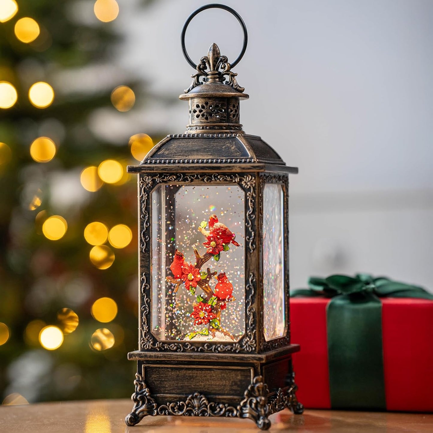 Christmas Snow Globe Water Glittering Cardinal Lantern with Music & Timer, USB Lined/Battery Operated Lighted Lantern for Christmas Festival Decoration Gifts