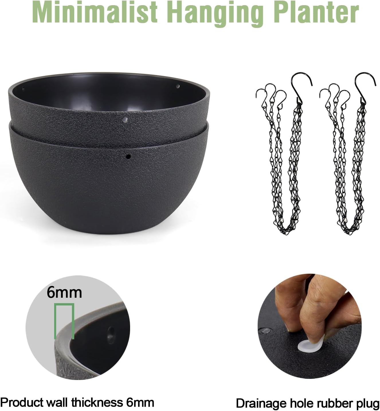 12 inch Large Hanging Planters for Indoor Outdoor Plants, 2 Pack Hanging Flower Pots with Drainage Holes and Chain for Garden Porch Plants, Plastic Hanging Baskets for House Plants, Black