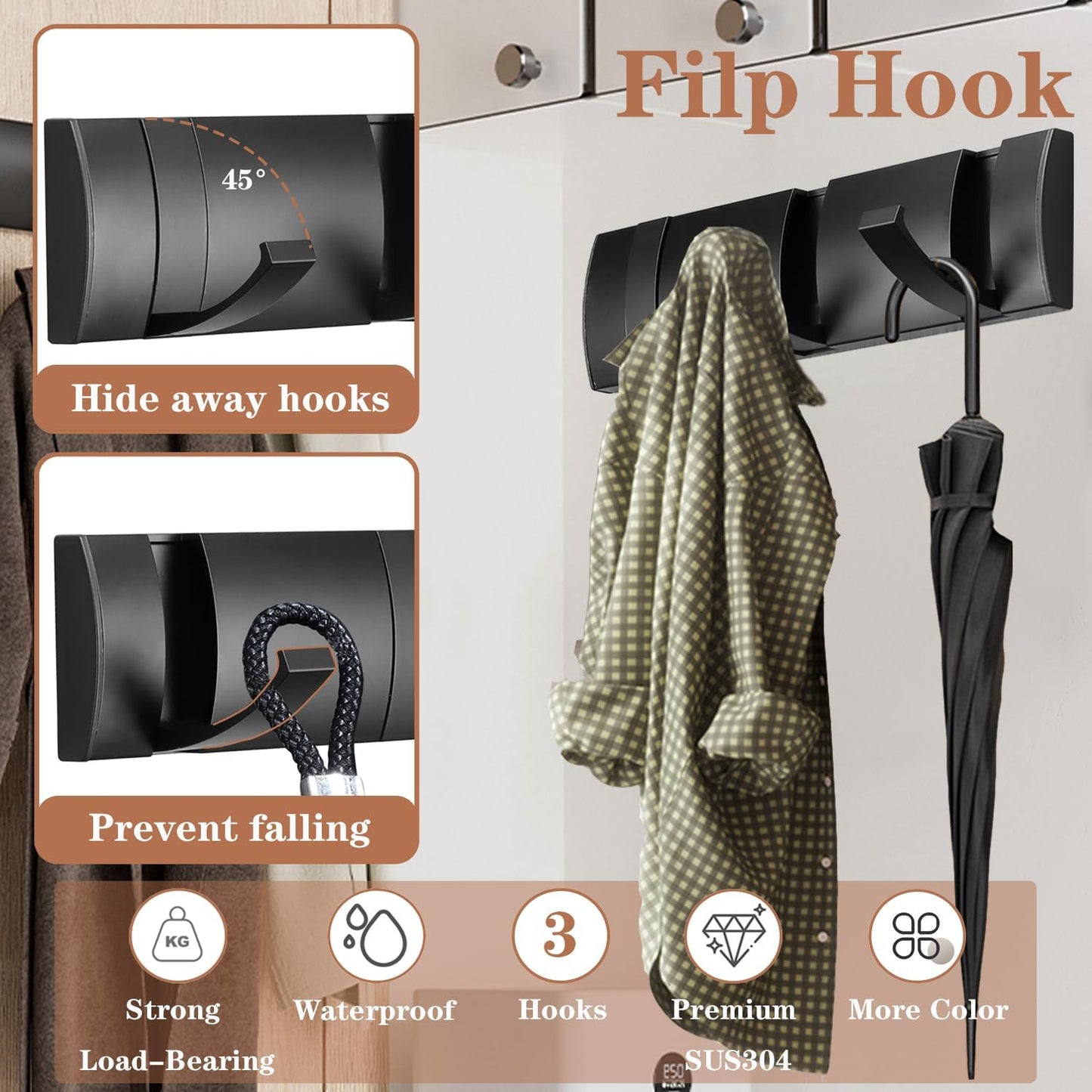 Folding Coat Hooks, Wall Mounted Coat Rack with 3 Retractable Hooks, Heavy Duty Towel Rack for Bathroom Wall Hook for Hanging Clothes Bathrobe, Stainless Steel Coat Hanger for Entryway(Black)