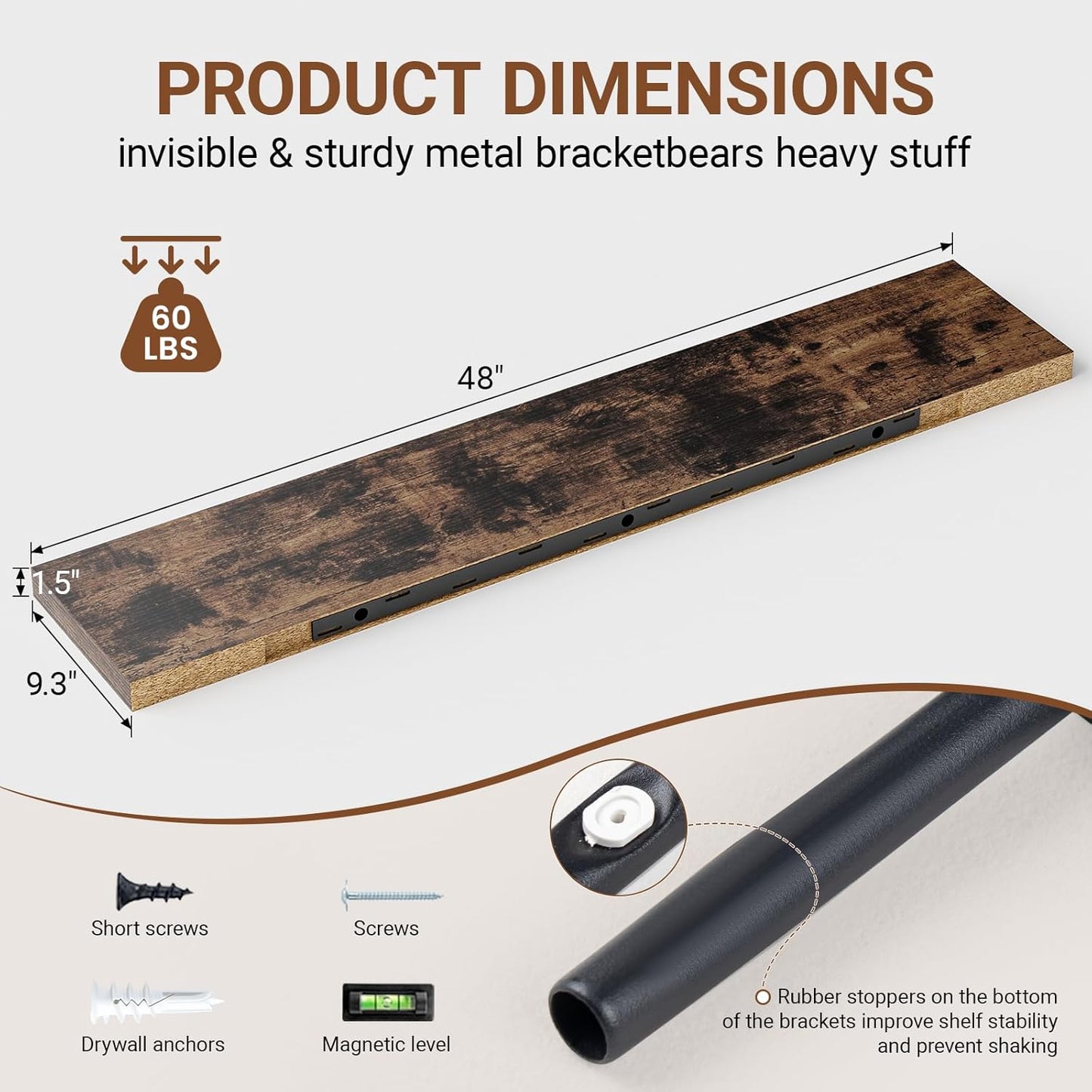 Floating Shelves for Wall 48 Inches Long,9.3" Deep Rustic Brown Floating Shelf Set of 2,Wall Mounted Wood Shelves for Bathroom Bedroom Living Room Kitchen Office,Shelf for Books Storage Room Decor