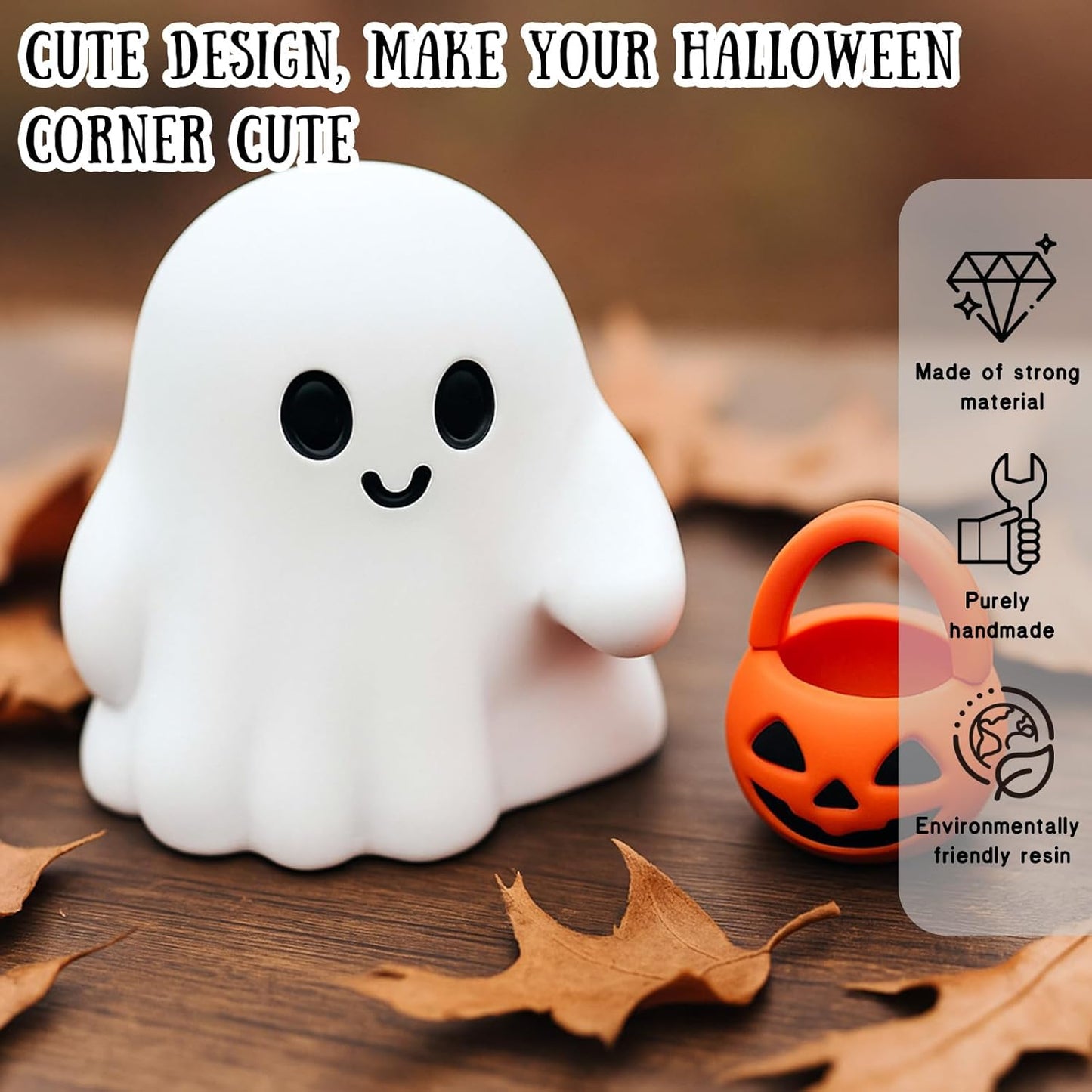 Halloween Ghost Figurine Cartoon Cute Spooky Carrying Pumpkin Basket Desk Display Ornament Tiny Trick or Treat Ghost Resin Halloween Statue for Home and Office Tabletop Decor Supplies