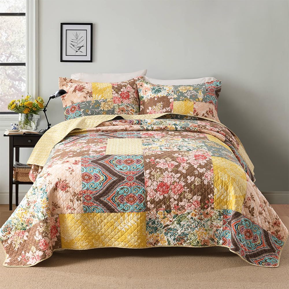 Autumn Dream Cotton Bedspread Quilt Sets Reversible Bedding Coverlet Sets, Luxury Vintage Floral Patchwork Yellow Bedspread, King Size