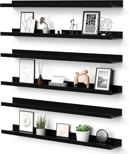 upsimples Floating Shelves for Wall, Wall Shelves for Decor Storage Set of 6, Wall Mounted Wood Shelf for Bedroom, Living Room, Bathroom, Kitchen, 35.5 inch Long Picture Ledge Shelf, Black