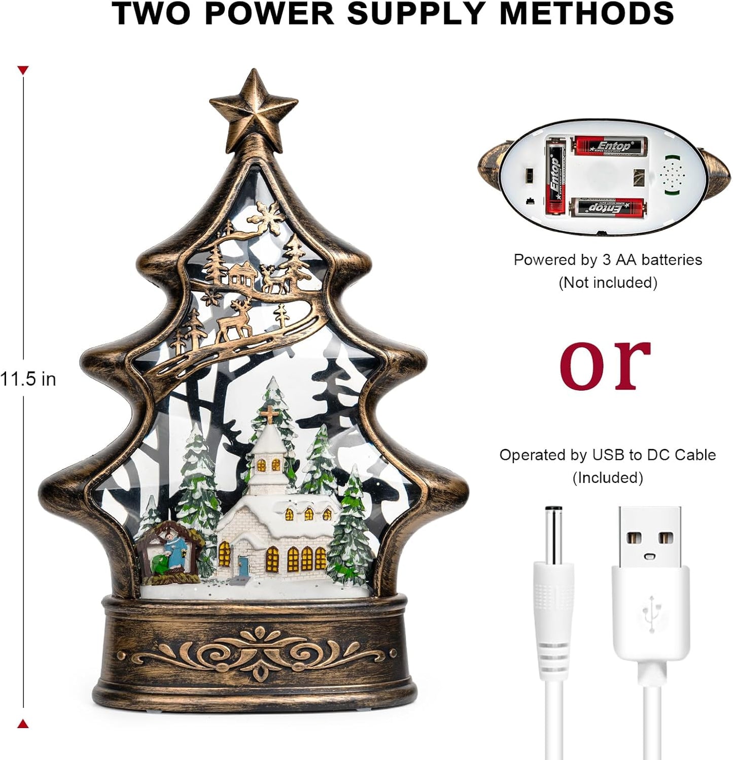 Musical Snow Globe Christmas Tree Lantern Lighted Church with Nativity Manger Scene Water Lantern in Swirling Glitter, Christmas Home Decoration and Gift, Battery Operated or USB Powered