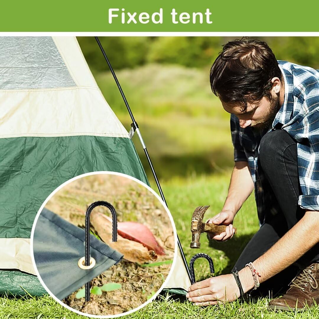 Ground-Stakes-Heavy-Duty-12 inch, J-Hook Rebar Stakes Black Coated Anti-Rust 50pcs Garden Stakes Metal Ground Anchors for Garden Dog Fence Chicken Coop Christmas Decorations Deer Fence