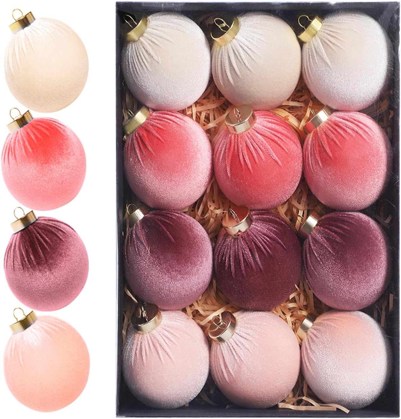 12Pcs Velvet Christmas Ornaments Balls,Pink Christmas Tree Decoration Shatterproof Ball with Hanging for Party Decor Multicolor Pink Beige 80mm/3.15in