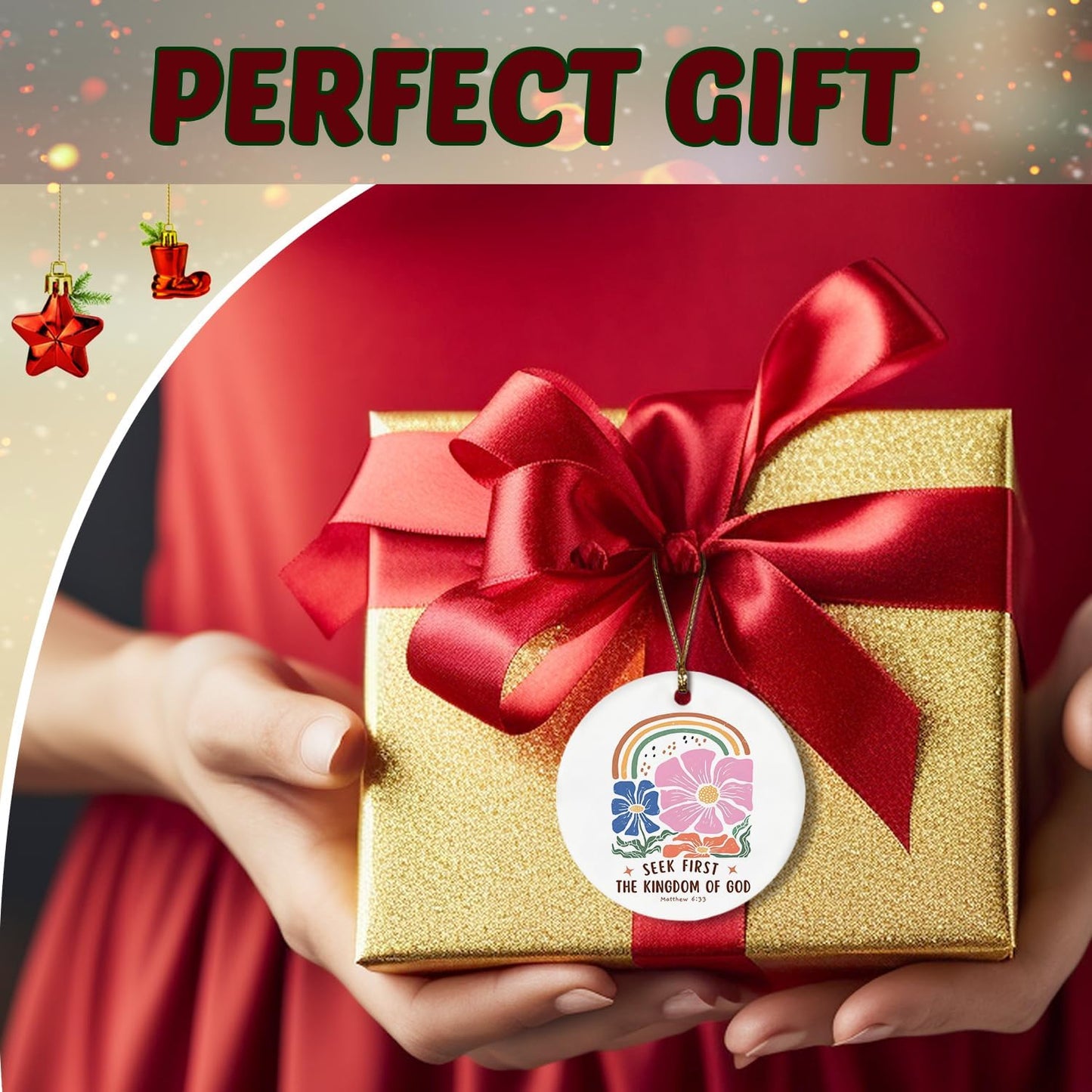 Christian Ornaments, Matthew 6:33 Seek First Scripture 70s Groovy Retro Floral Ceramic Ornament Keepsake Decorations, Christian Gifts for Women Teen Girls