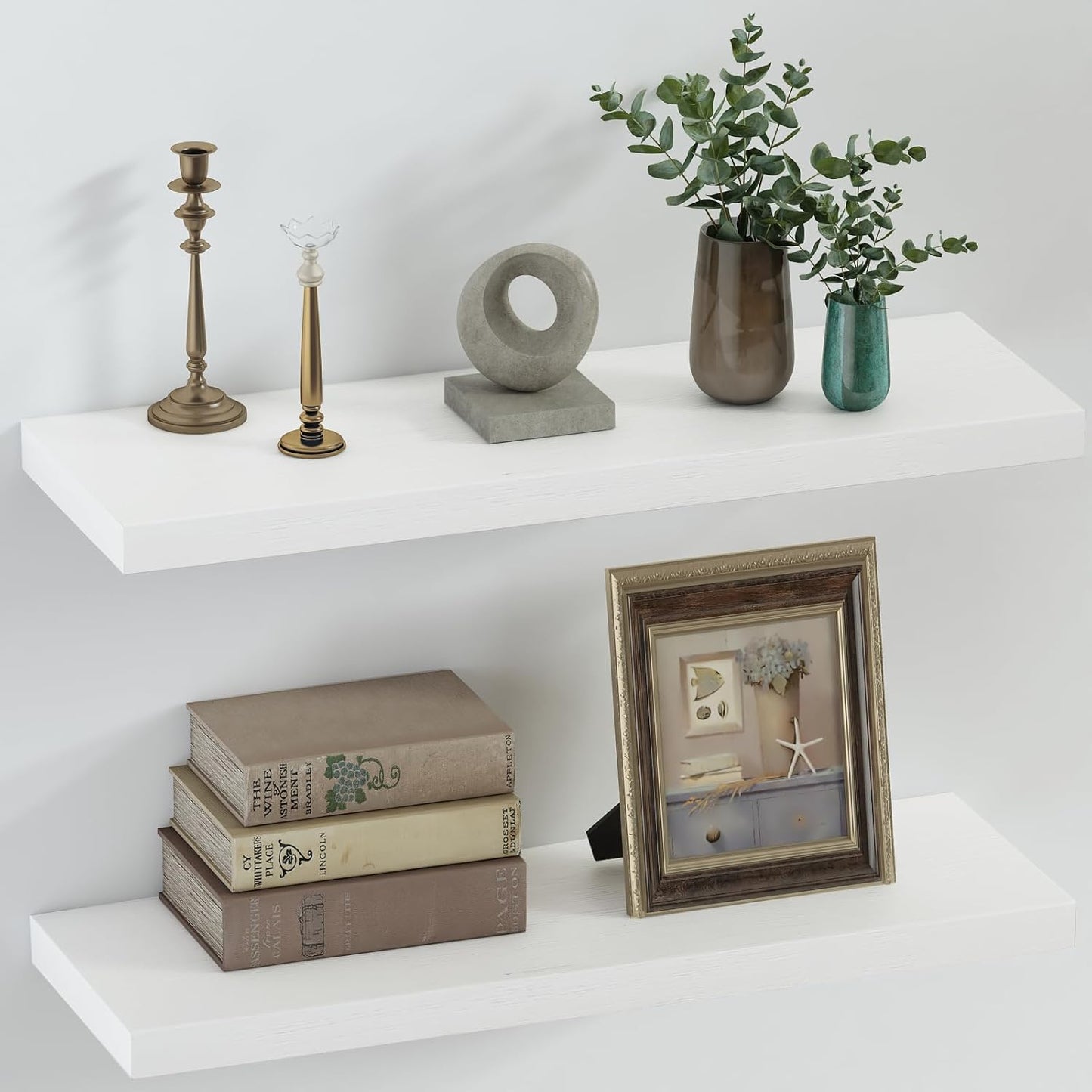 SAUMONIERES Floating Shelves 8 Inch Deep Solid Wood Wide Wall Shelf Set of 2 Wall Mounted for Bedroom Bathroom Living Room Kitchen, 24 Inch White