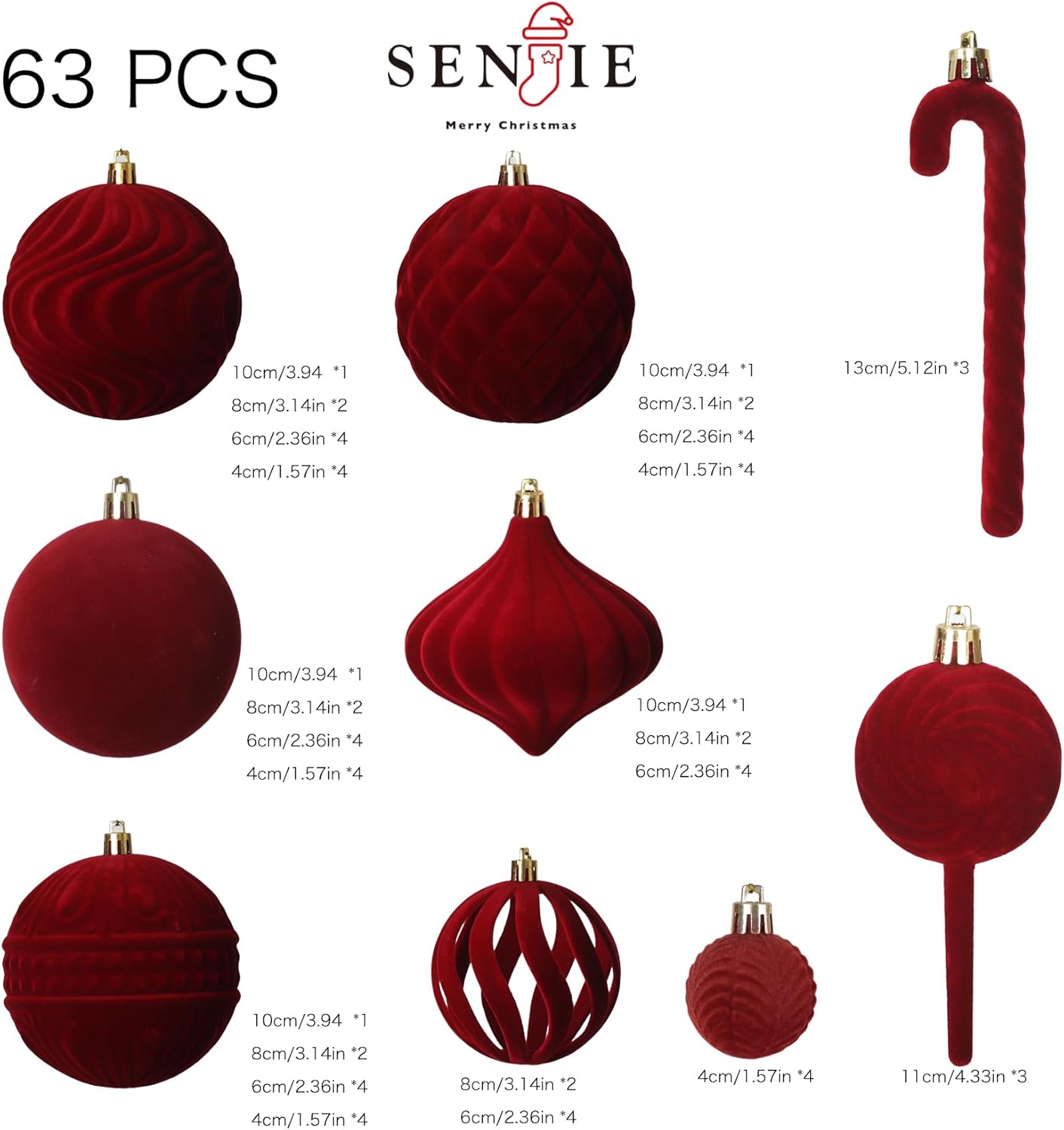 Senjie 63 PCS Velvet Ornaments Balls Sets for Christmas Tree Bulk Red Flocked Christmas Balls Assortment for Xmas Tree Holiday Decor