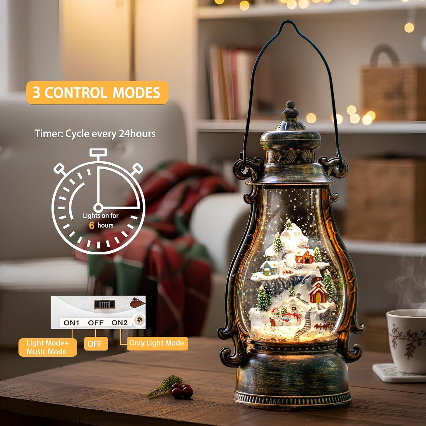 Christmas Village Buildings Tall Snow Globe Lantern Water Glittering Snowman Family with Music & Timer, USB Lined/Battery Operated Lighted Lantern for Christmas Festival Decoration Gifts