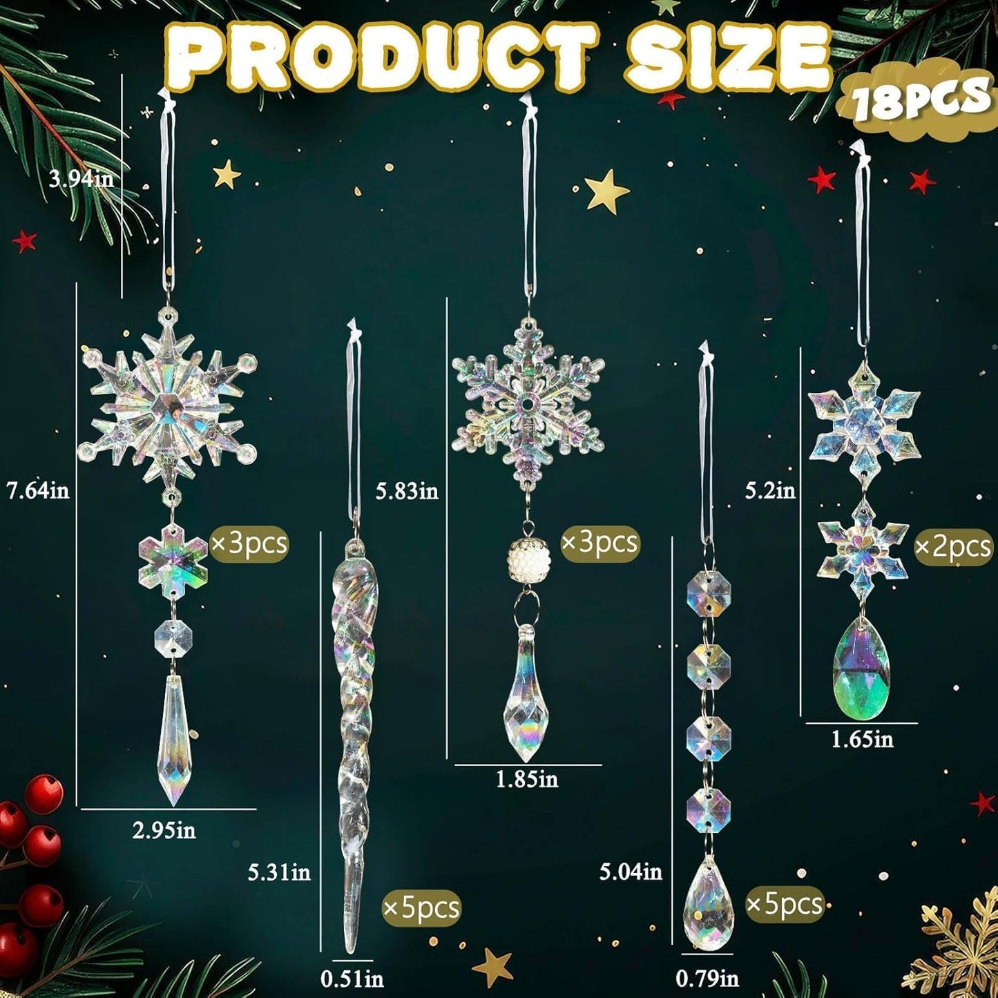 Christmas Tree Decorations Crystal Ornaments - 18pcs Iridescent Christmas Ornaments Acrylic Snowflakes Icicle Drop Crystal Hanging Ornaments for Xmas Tree Winter Holiday Frozen Party Decorations