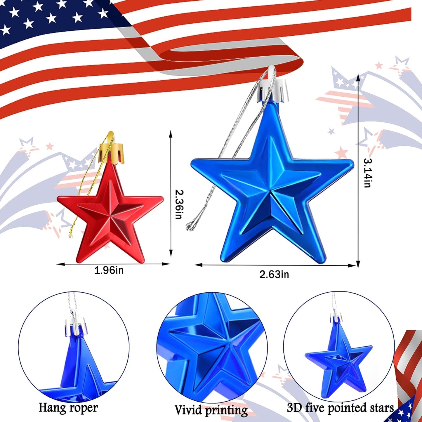 JULMELON 24Pcs Patriotic Christmas Ornaments Red White Blue Ornaments Patriotic Tree Decorations Christmas Tree Decorations for Home Party Decorations