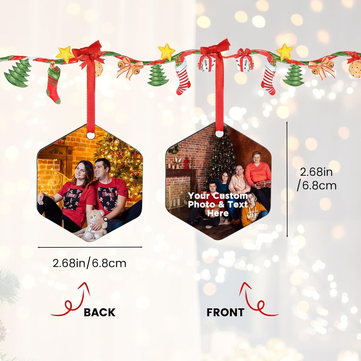 Personalized Christmas Ornaments 2024 Customized with Photo Text Ornament Keepsake Pet First Christmas Ornament Bulk Custom Wooden Xmas Tree Decorations, Wood Hexagon