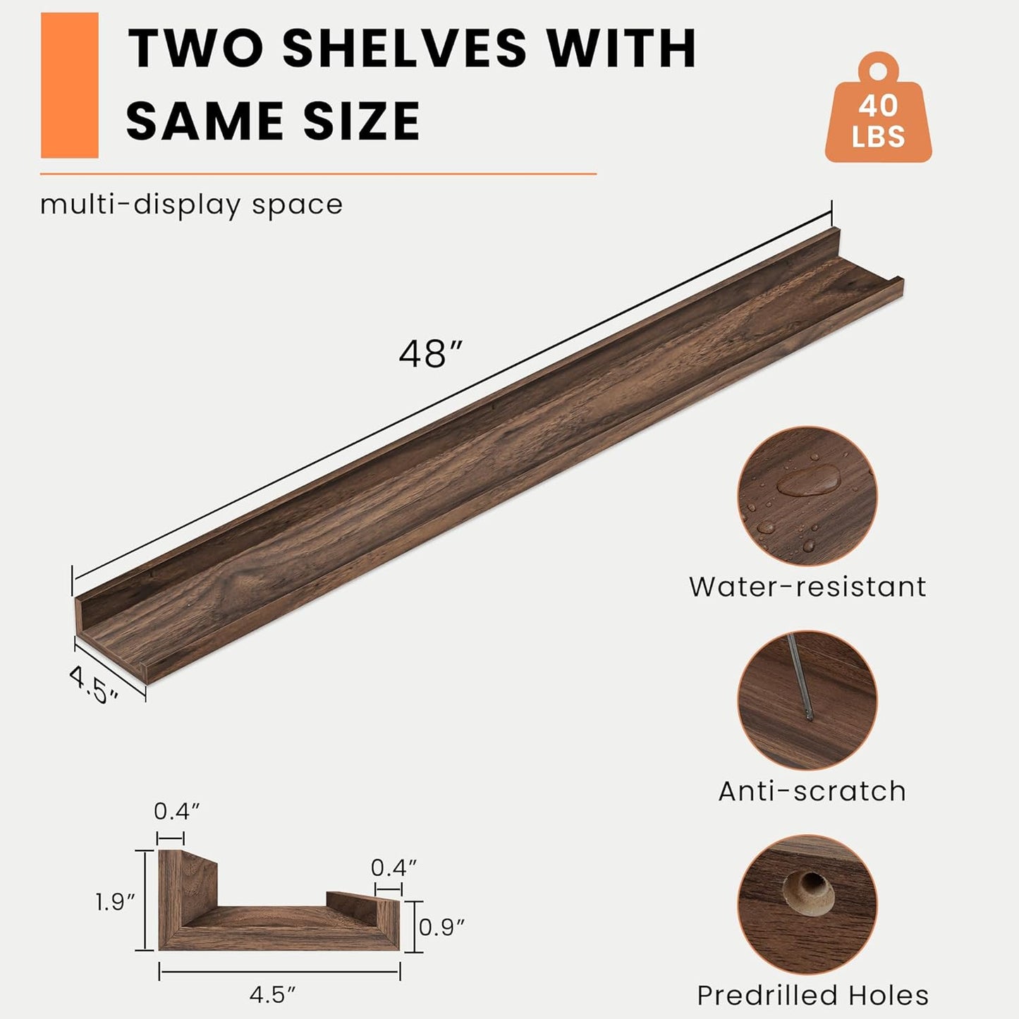 Heimlove Picture Ledge Shelf, Floating Shelves Set of 2, 48 Inches Picture Shelf for Wall with Ledge, Kids Bookshelf Wall Mounted for Living Room Bedroom Decor Books Photo Frames, Walnut