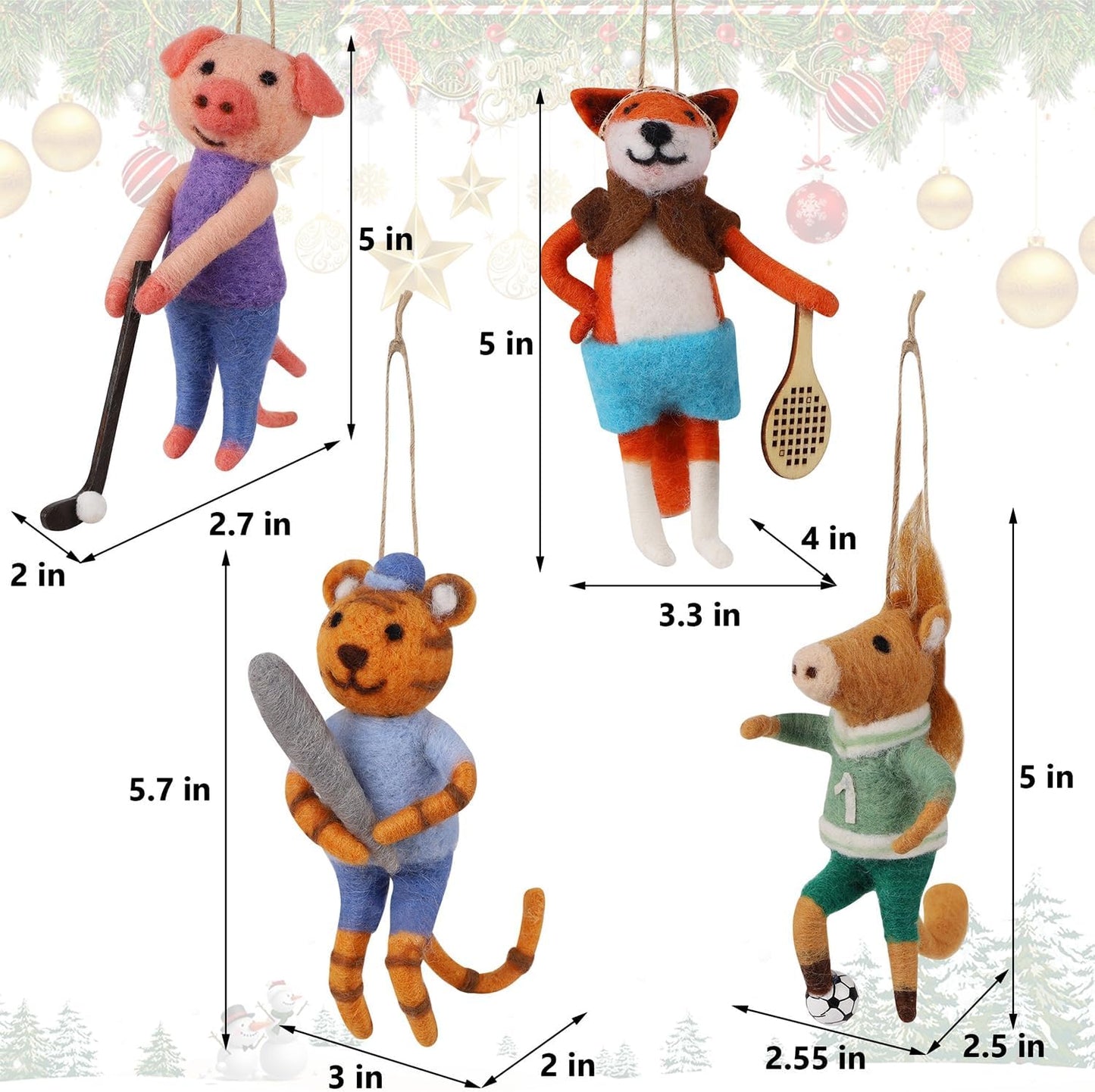 Set of 4 Christmas Felt Animal Athletes Ornaments, 5" Mini Hanging Wool Player Figurines, Tiered Tray Tabletop Decor, Animal Crafts Xmas Tree Festival Holiday Easter Gifts Home Office Party Supply