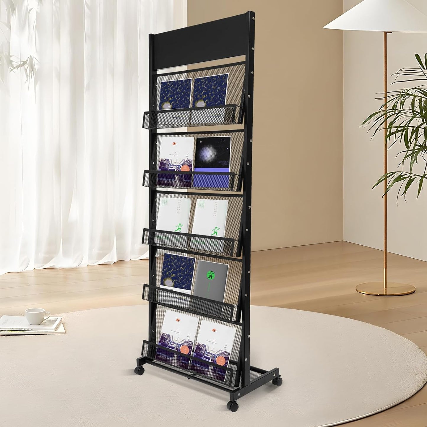5-Tier Magazine Rack Floor Standing Brochure Display Stand with Universal Wheels & Brakes Metal Magazine Display Rack for Office, Shop