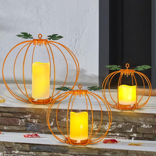 Halloween Metal Pumpkin Candle Holder, 3 Pcs Light up Orange Pumpkin Lantern with LED Flickering Yellow Candle Lights Build in Timer for Thanksgiving Halloween Harvest Fall Home Decor