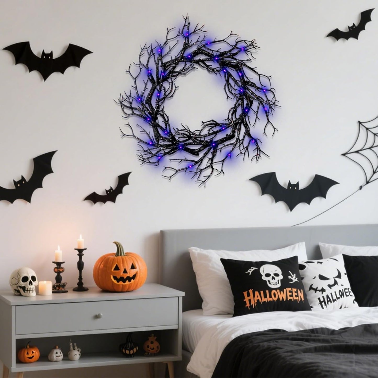 Halloween Black Branch Wreath - 16.5 Inch Glitter Black Twig Halloween Wreaths with Purple Lights for Front Door Indoor Outdoor Party Window Wall Decor Farmhouse Garland Yard