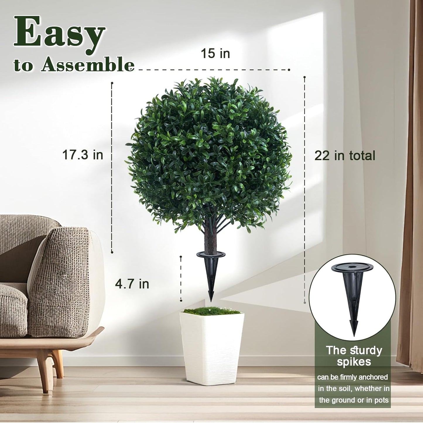 Artificial Boxwood Topiary Ball Bush for Outdoor with Spike, UV Resistant Faux Boxwood Ball Tree with Stake for Outside Set of 2, Weatherproof Round Fake Shrubs for Entryway Front Porch