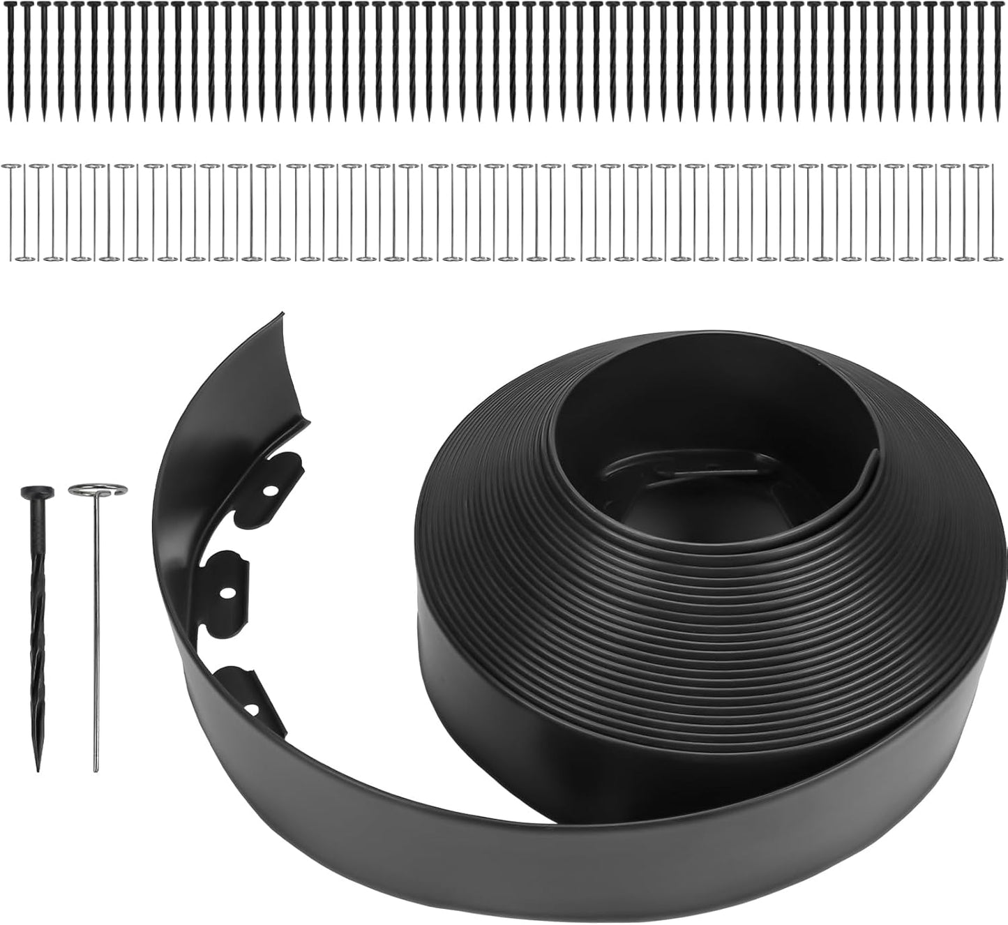 Greaner Landscape Edging Kit, Durable Plastic Garden Border Edging with 130 PCS Spikes, No Dig Edging for Landscaping, Flexible Lawn Edging for Garden, Flower Beds, Lawn, Yard, Pathway(Black, 66FT)