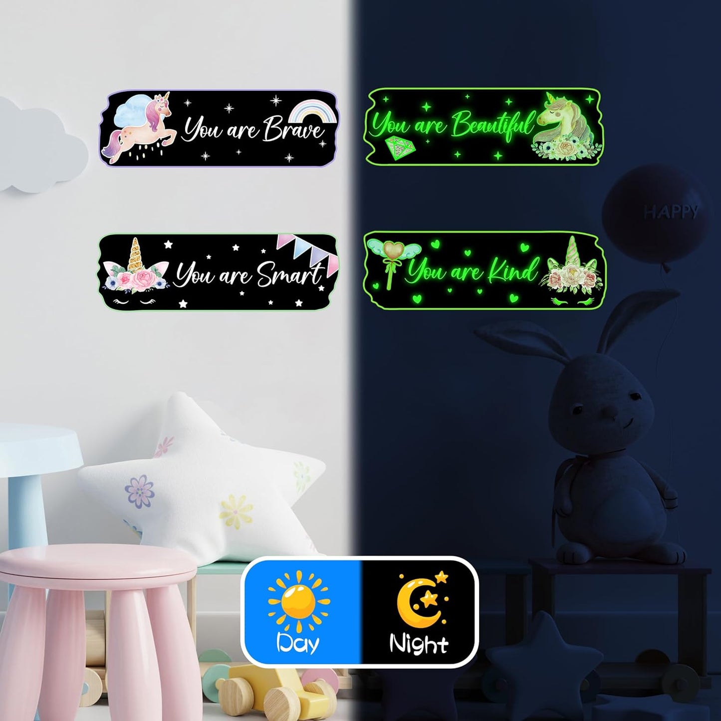 Glow in The Dark Stars Unicorn Wall Decals, Glowing Motivational Wall Art Inspirational Sticker, Peel and Stick Wall Decal for Girl's Room