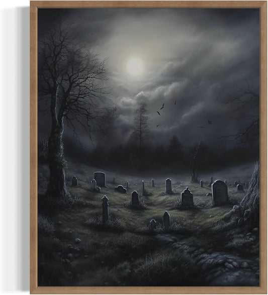 Gothic Graveyard Poster Art Print, Halloween Scary Vintage Wall Art Academia Spooky Painting Decoration for Horror Prints, Posters Bedroom Decor 89 (Gothic Graveyard, 8 x 10 inches, Wood Frame)