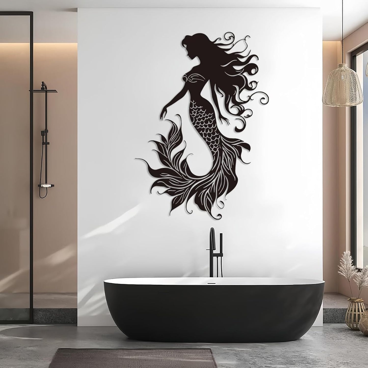 Veplsur Mermaid Metal Wall Art, Metal Mermaid Wall Decor, Marine Biology Wall Decor, Ocean Wall Art, Nautical Wall Hanging, Beach Hanging for Bathroom Bedroom (Black, 41"x29"|105x75cm)
