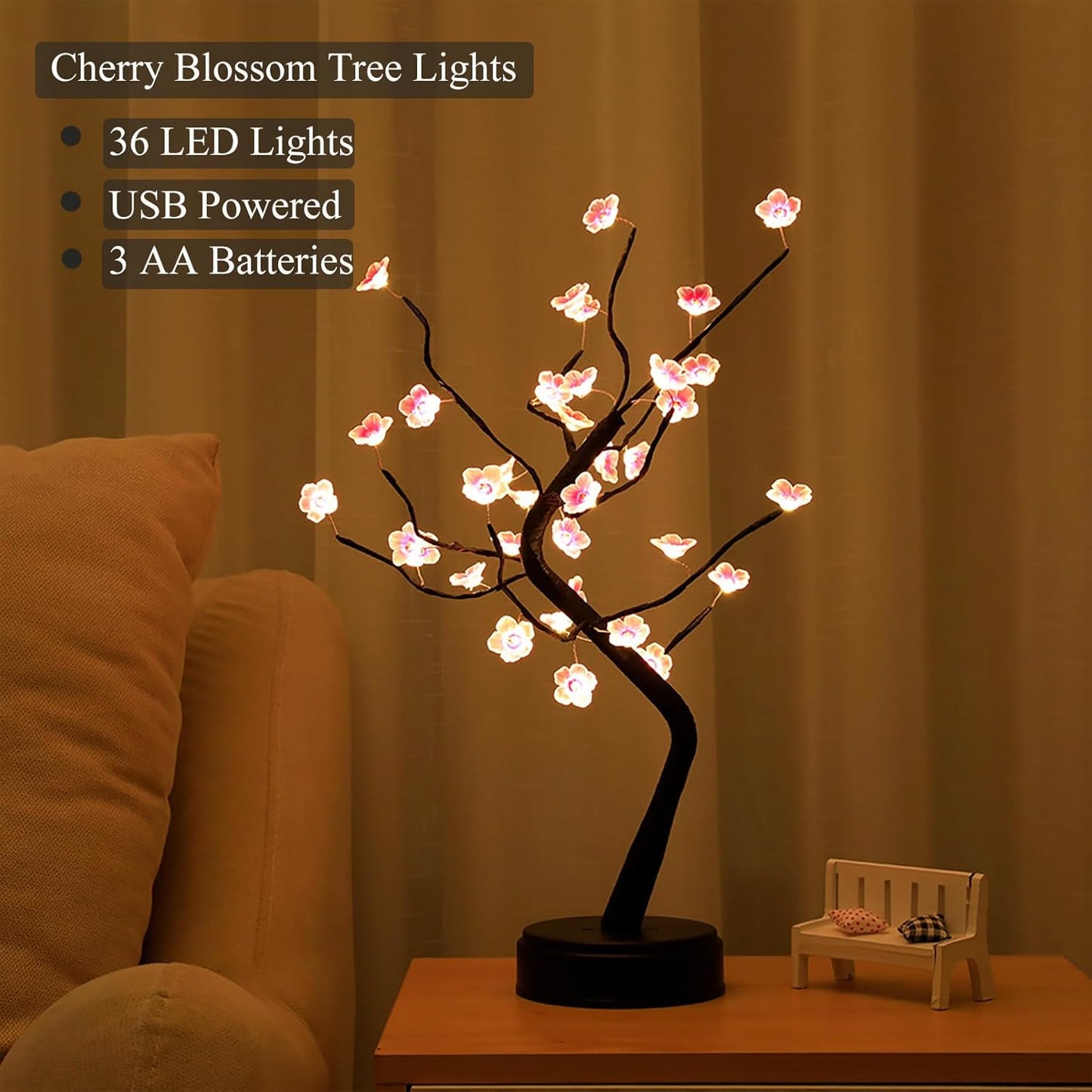 36 LED Cherry Blossom Sparkly Fairy Spirit Tree Lights, Twinkling Tree 3AA&USB Powered, Tabletop DIY Artificial Tree Lamp for Bedroom Christmas Indoor Room Decor Lights (Warm White)